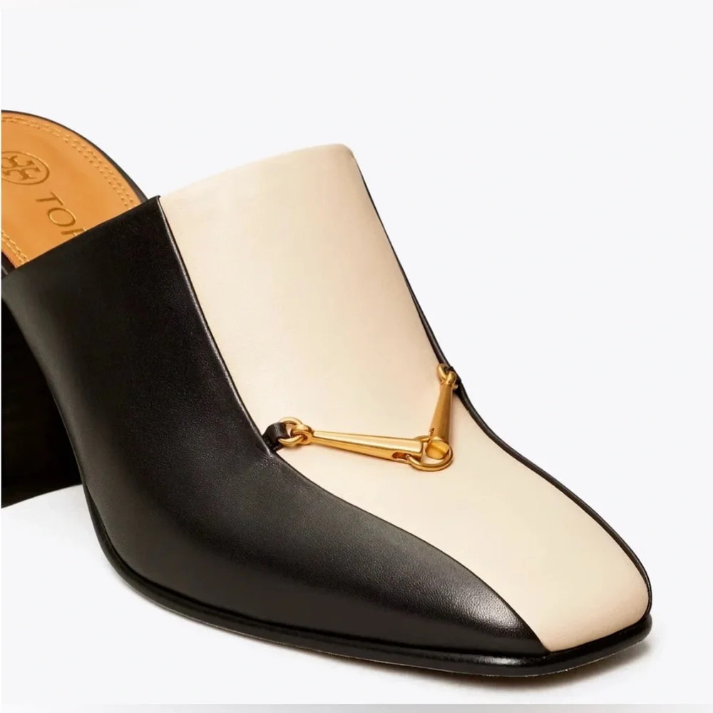 TORY BURCH EQUESTRIAN LINK MULE 80MM PUMP LEATHER BLACK/DULCE DE LECHE SZ US 8 - Picture 3 of 11